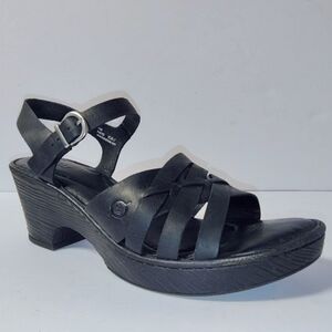 Born Women's Leather Strappy Wedge Handcrafted Slingback Open Toe Buckle Sandals